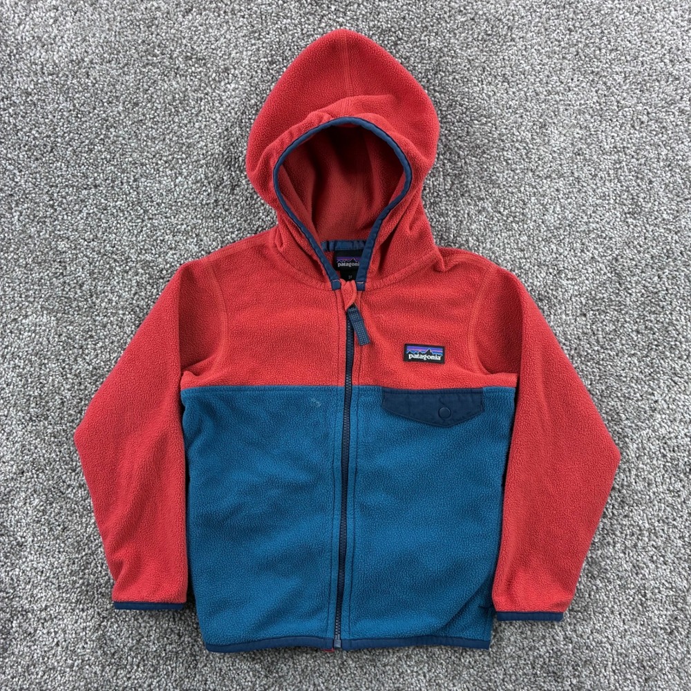Patagonia Micro D Fleece Hoodie Kids 3T Red Blue Snap T Colorblock 60155